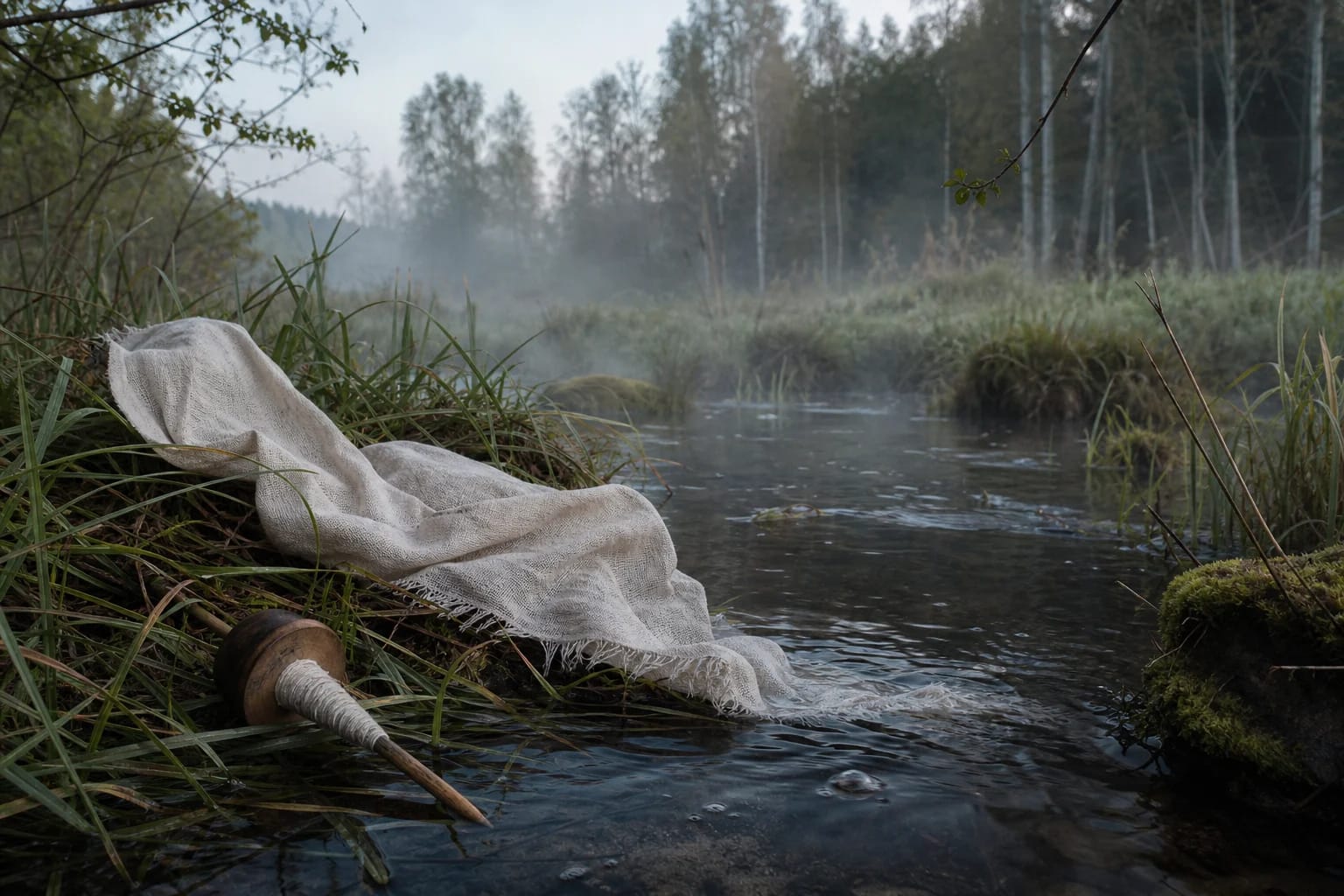 Stream water, woven linen, and spindle for Laumė