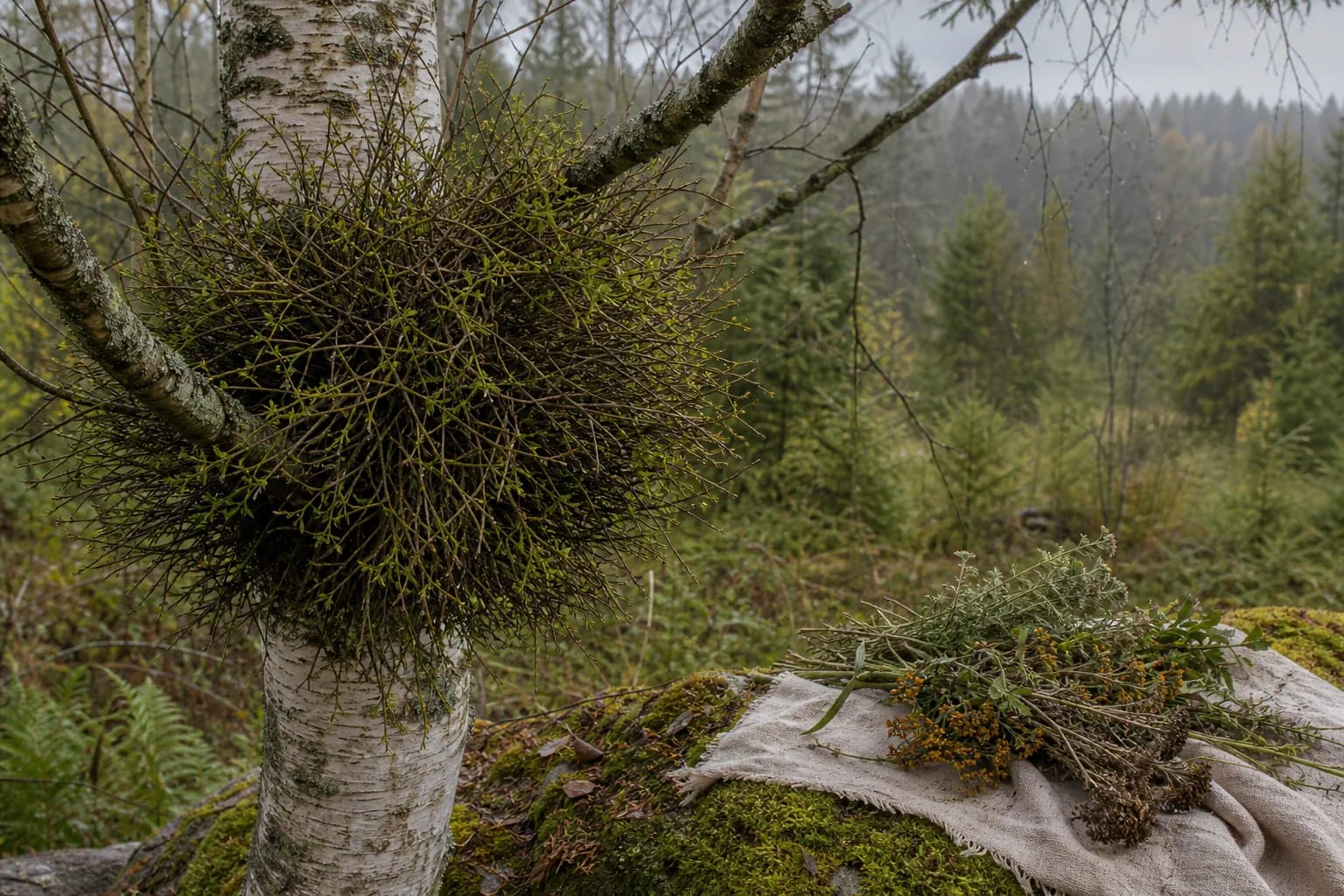 Witch's-broom growth in birch branches with a bundle of herbs on linen.