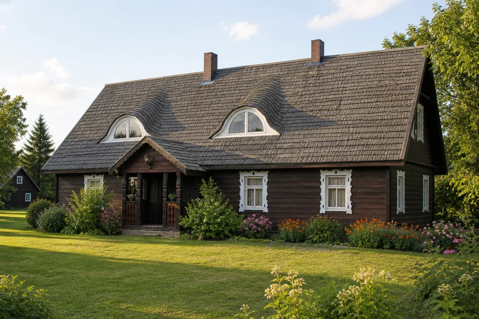 Laumė Homestead's timber house with white ornament, flower garden, and clay outbuilding