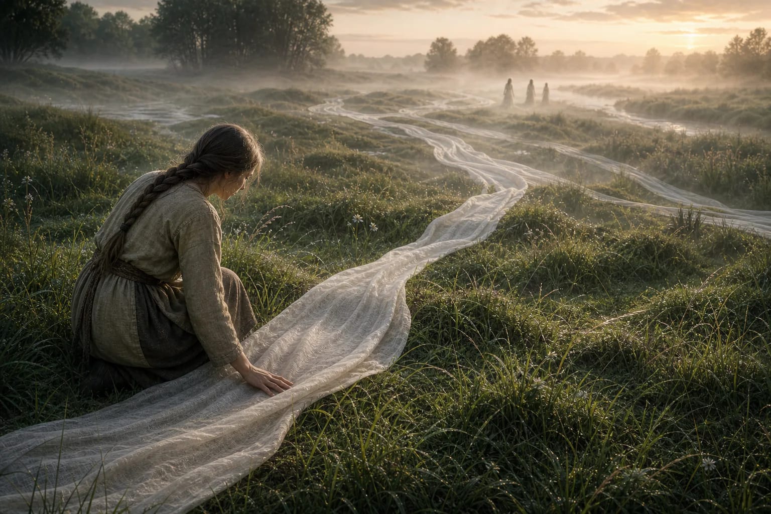A poor woman in a hollow finds white Laumės’ cloths spread across dewy grass