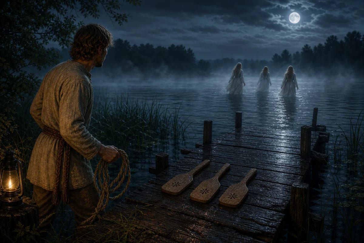 Three wooden washing paddles lie on a lake footbridge in moonlight while Laumės’ silhouettes vanish in the distance