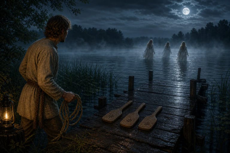 Three wooden washing paddles lie on a lake footbridge in moonlight while Laumės’ silhouettes vanish in the distance