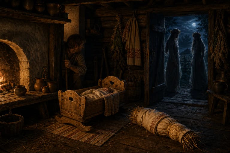 A bundle of straw lies beside a cradle in a dark Lithuanian cottage while Laumės’ shadows appear beyond the window