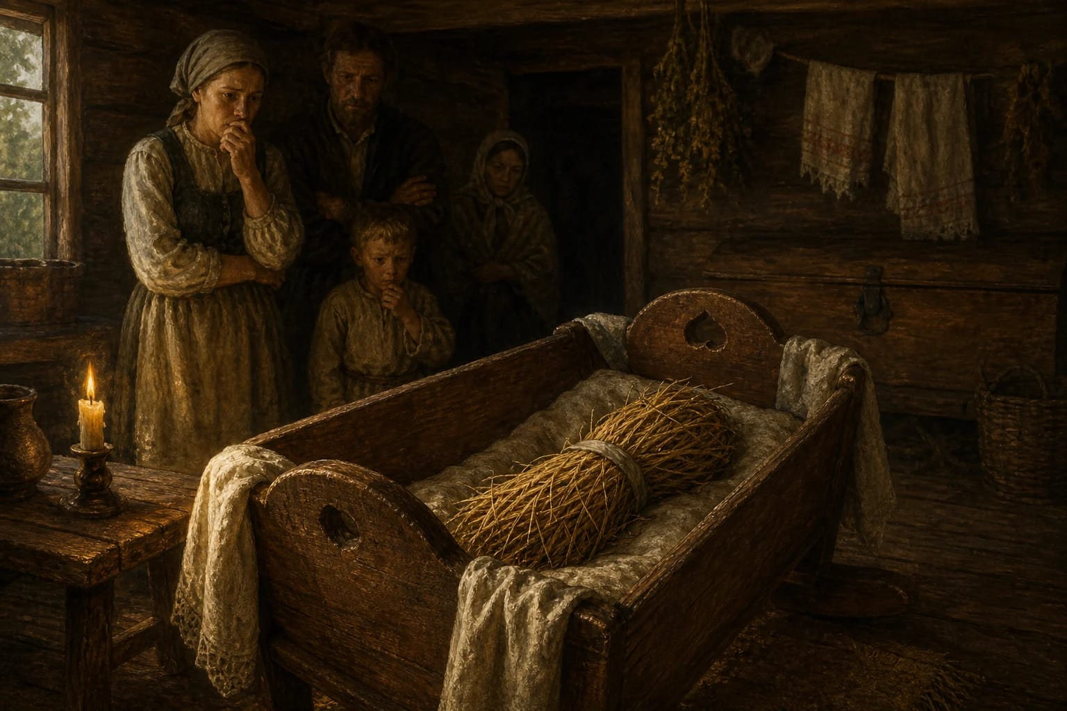 The Laumės’ Changeling visual interpretation with stolen baby, changeling child, bundle of straw motifs