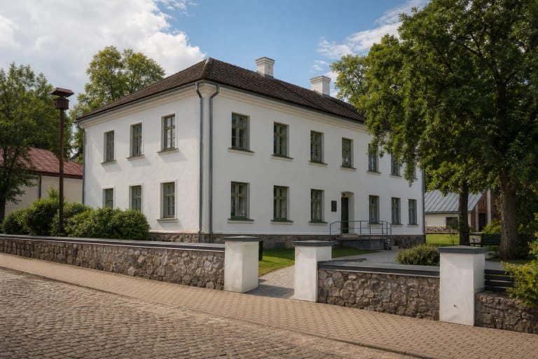 Baltasis Petrauskų namas Lazdijuose, kuriame veikia Laisvės kovų muziejus
