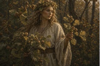 Lazdona in Lithuanian mythology among hazel trees, nuts, and autumn forest light