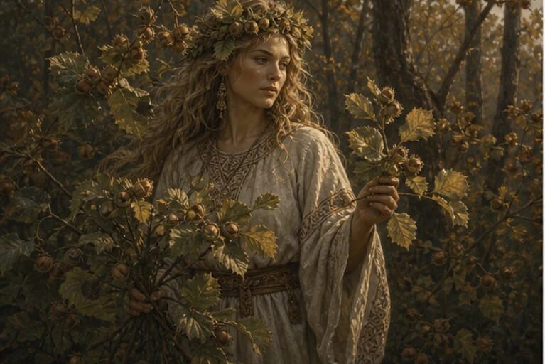 Lazdona in Lithuanian mythology among hazel trees, nuts, and autumn forest light