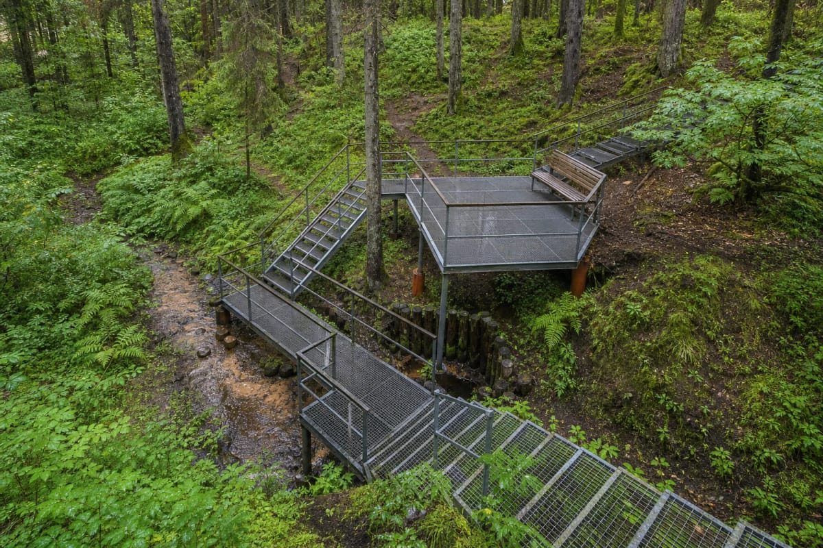Lekėčiai Great Spring in a green Rūdšilis Forest ravine, with metal stairs, a platform, timber wellhead, and narrow stream