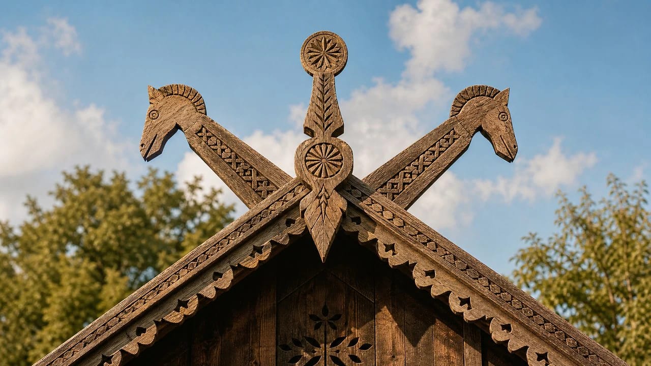 Лёки и коньки на крыше литовского деревянного дома