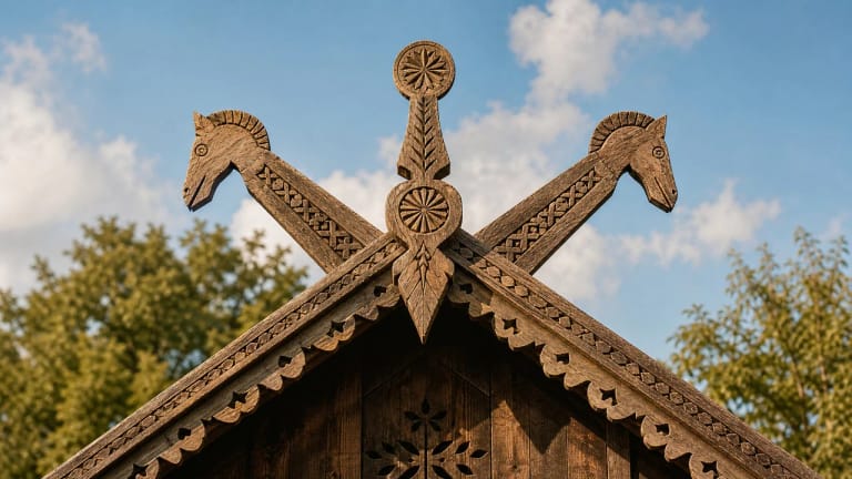 Lėkiai and roof horse heads on the ridge of a Lithuanian wooden house
