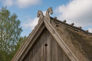 Traditional wooden-house lėkiai and roof horse heads with openwork bird, horn, and plant motifs at the ridge