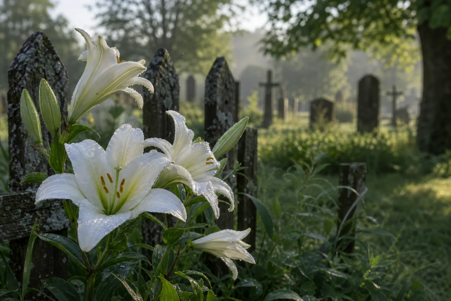 White lilies at the edge of a village cemetery and garden in morning light.