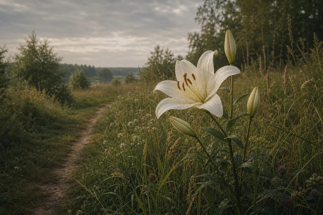 A white lily in a Lithuanian meadow as a symbol of purity and song beauty