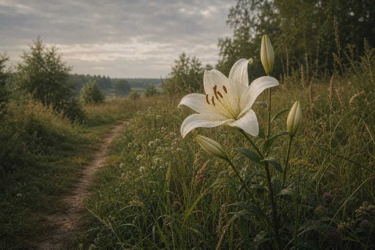 A white lily in a Lithuanian meadow as a symbol of purity and song beauty