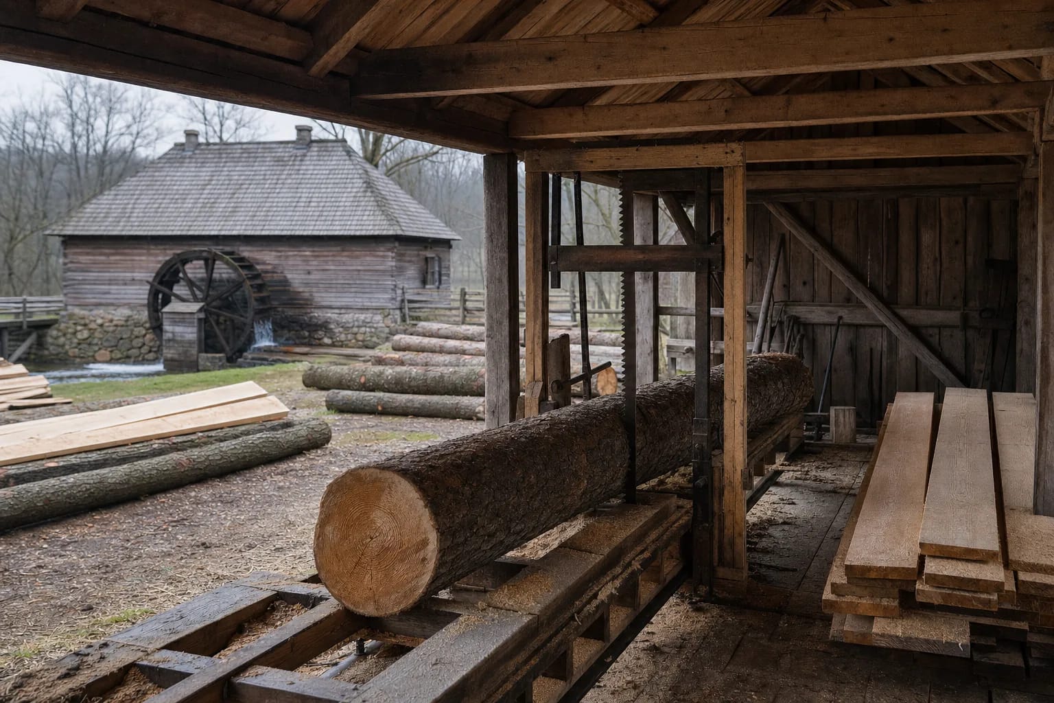 The sawmill prepared boards, beams, and other materials for wooden construction.