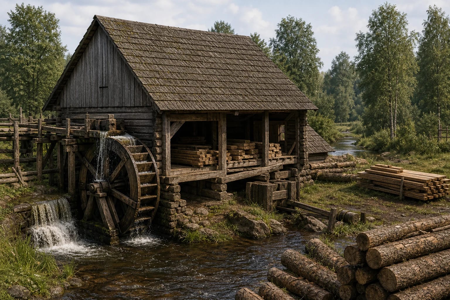 A traditional sawmill beside a watermill with logs, sawing mechanism, boards, and a wooden production building