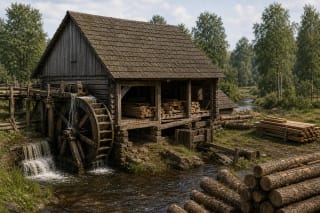 A traditional sawmill beside a watermill with logs, sawing mechanism, boards, and a wooden production building