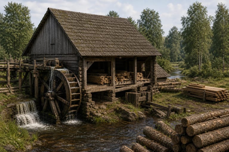 A traditional sawmill beside a watermill with logs, sawing mechanism, boards, and a wooden production building