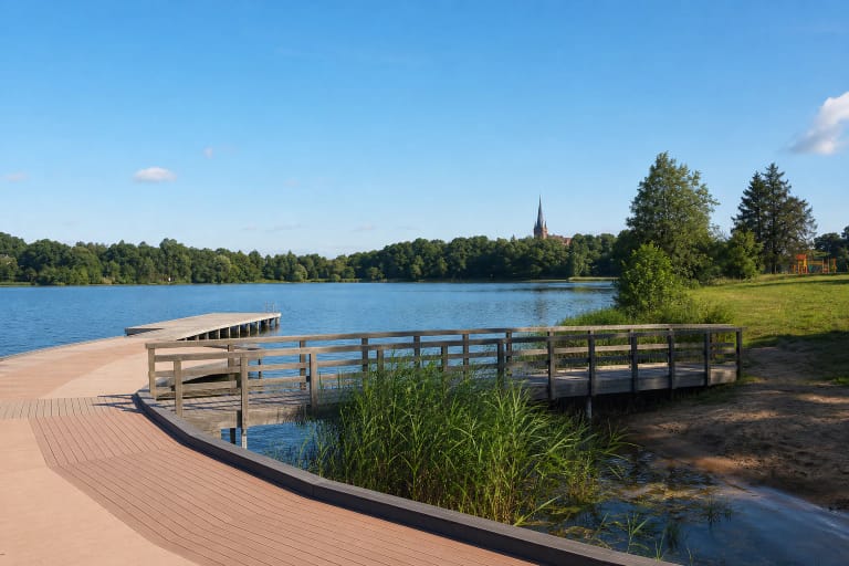 The timber promenade and jetty at Lentvaris Lake, with calm water, green trees, and the church spire rising in the distance