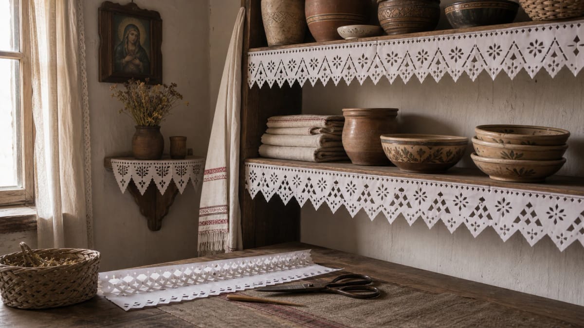 White paper-cut strips on the edges of wooden Lithuanian village shelves with clay dishes and linen towels