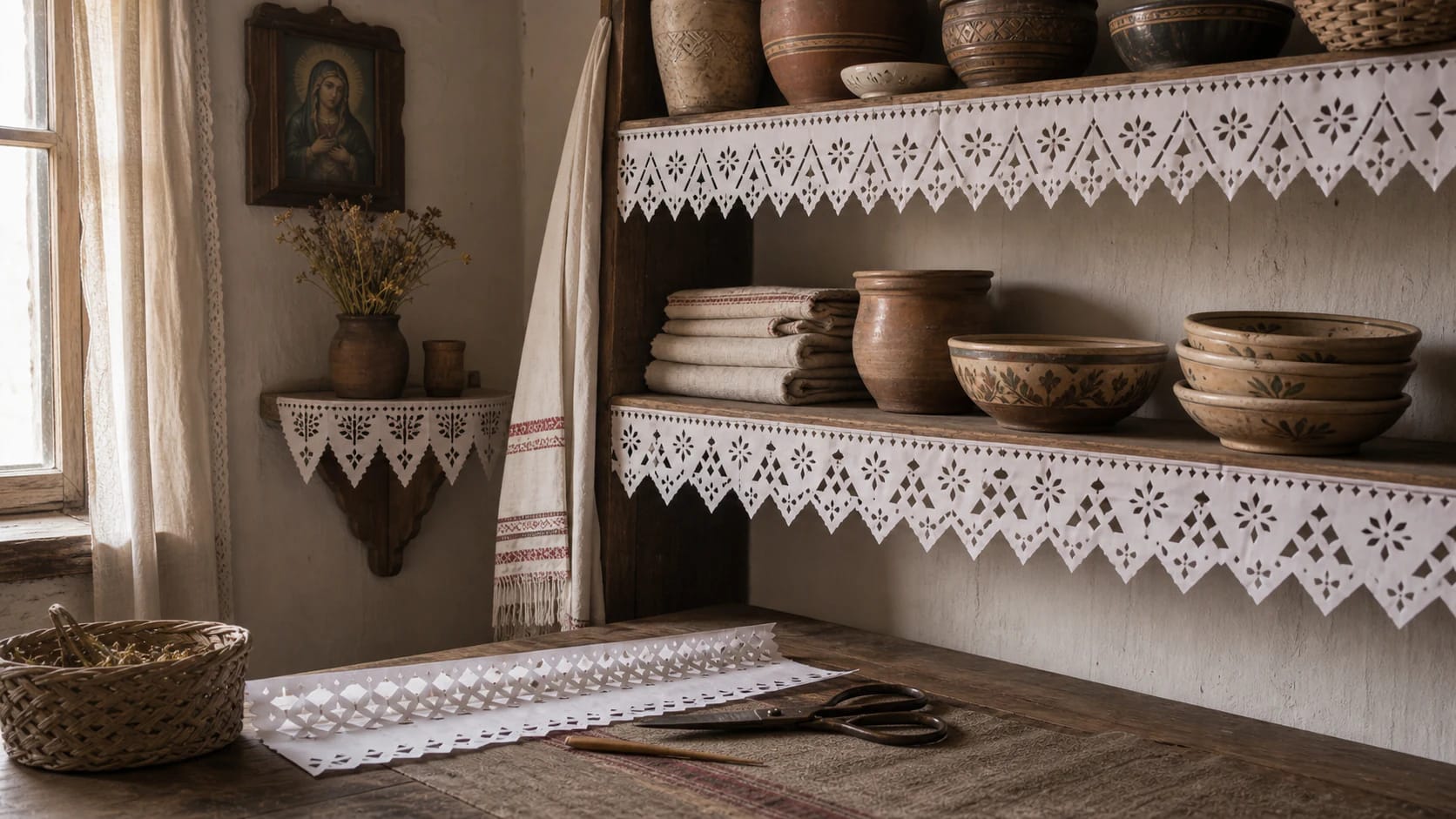 White paper-cut strips on the edges of wooden Lithuanian village shelves with clay dishes and linen towels