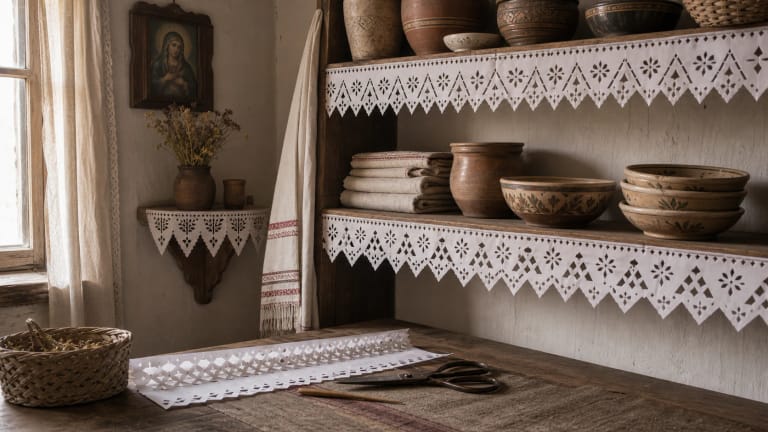 White paper-cut strips on the edges of wooden Lithuanian village shelves with clay dishes and linen towels