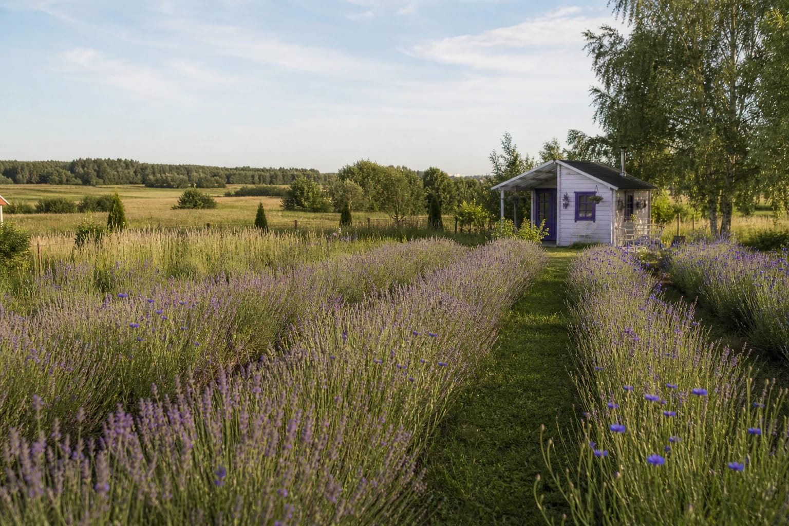 Levandų uostas lavender fields and a small family-farm cottage with purple accents
