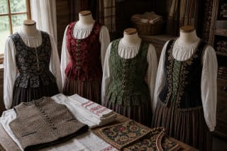 Lithuanian national-costume waistcoats and kiklikai with tabs, fastenings, and fabric patterns