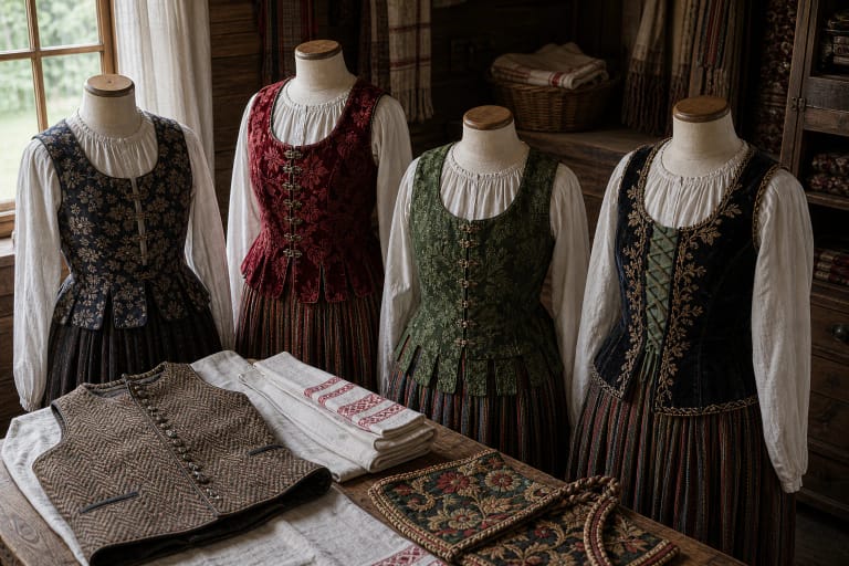 Lietuvių tautinio kostiumo liemenės ir kiklikai su skverneliais, užsegimais ir audinių raštais