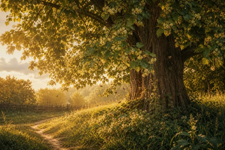 A flowering linden by a village path as a symbol of care, Laima, and Lithuanian songs