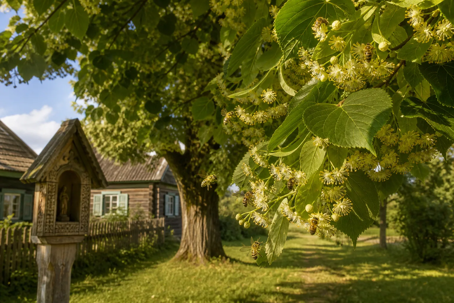 Blooming linden with bees beside an old Lithuanian homestead.