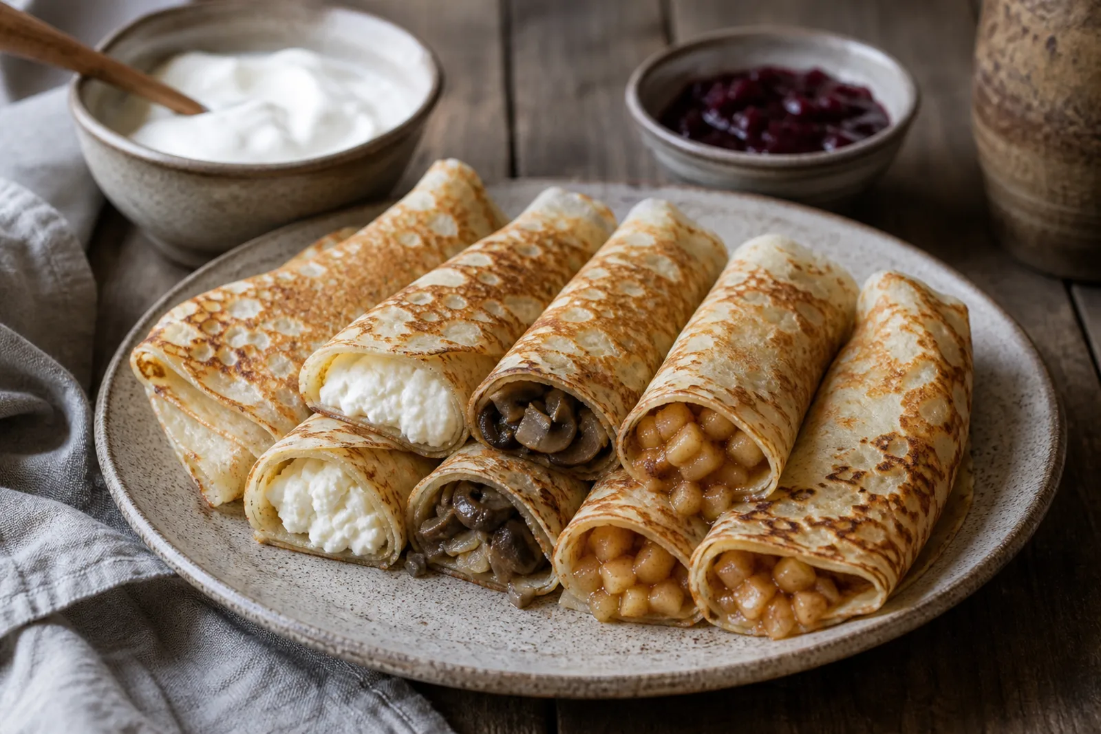 Lietiniai blynai: thin pancakes cooked in a pan in a Lithuanian traditional food context