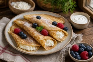 Литинаи с творожной начинкой, сметаной, ягодами и сложенными тонкими блинами