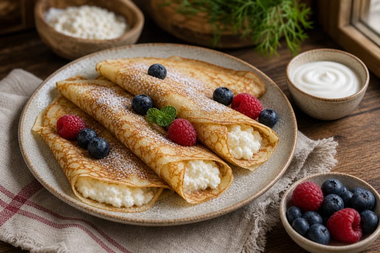 Lithuanian lietiniai blynai with curd cheese filling, sour cream, berries, and folded thin pancakes