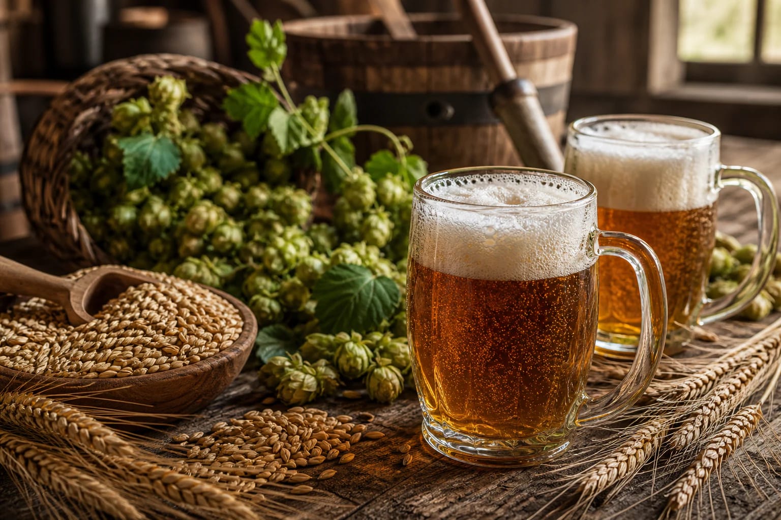 Traditional Lithuanian beer in a clay jug with hops, barley malt, and a slice of rye bread