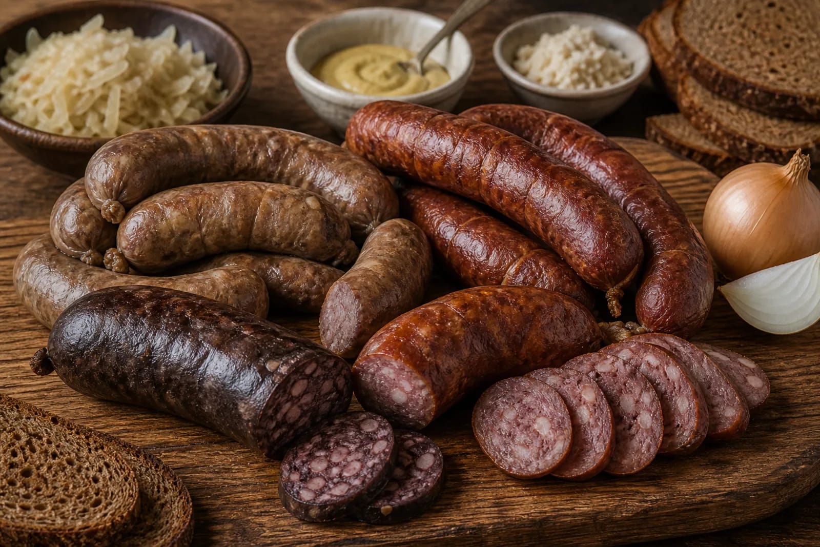 Lietuviškos dešros: fresh, boiled, smoked, or cured sausages in a Lithuanian traditional food context