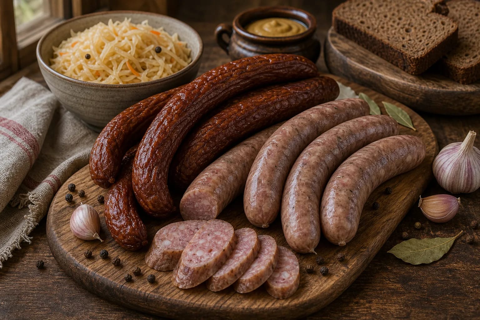 Lithuanian sausages on a board with garlic, peppercorns, rye bread, and sauerkraut