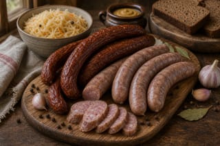 Lithuanian sausages on a board with garlic, peppercorns, rye bread, and sauerkraut