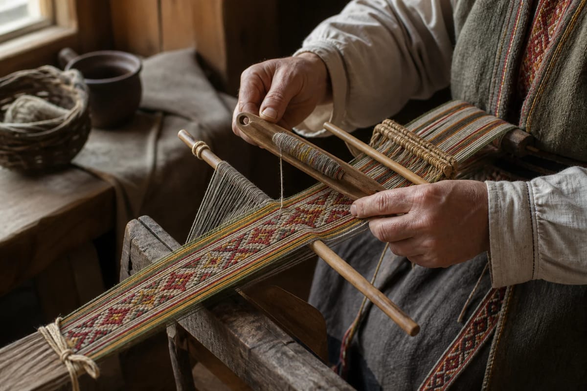 A maker's hands weave a colorful geometric Lithuanian sash with traditional tablets and weaving tools
