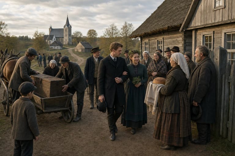 A traditional Lithuanian wedding sequence from the meeting of two wedding parties to the bride's reception in a new household