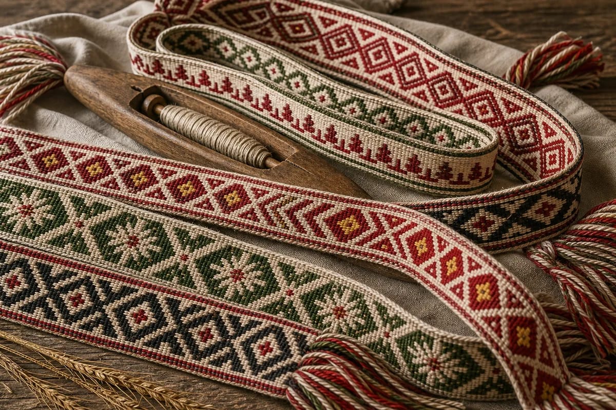 Woven Lithuanian sashes with rhombus, sunburst, star, and fir-tree patterns arranged in rhythmic rows