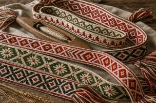 Woven Lithuanian sashes with rhombus, sunburst, star, and fir-tree patterns arranged in rhythmic rows