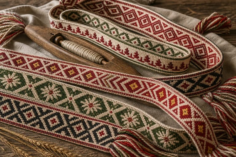 Austos Lietuviškos juostos su rombų, Saulučių, žvaigždučių ir eglučių raštais, sudėti ritmiškomis eilėmis