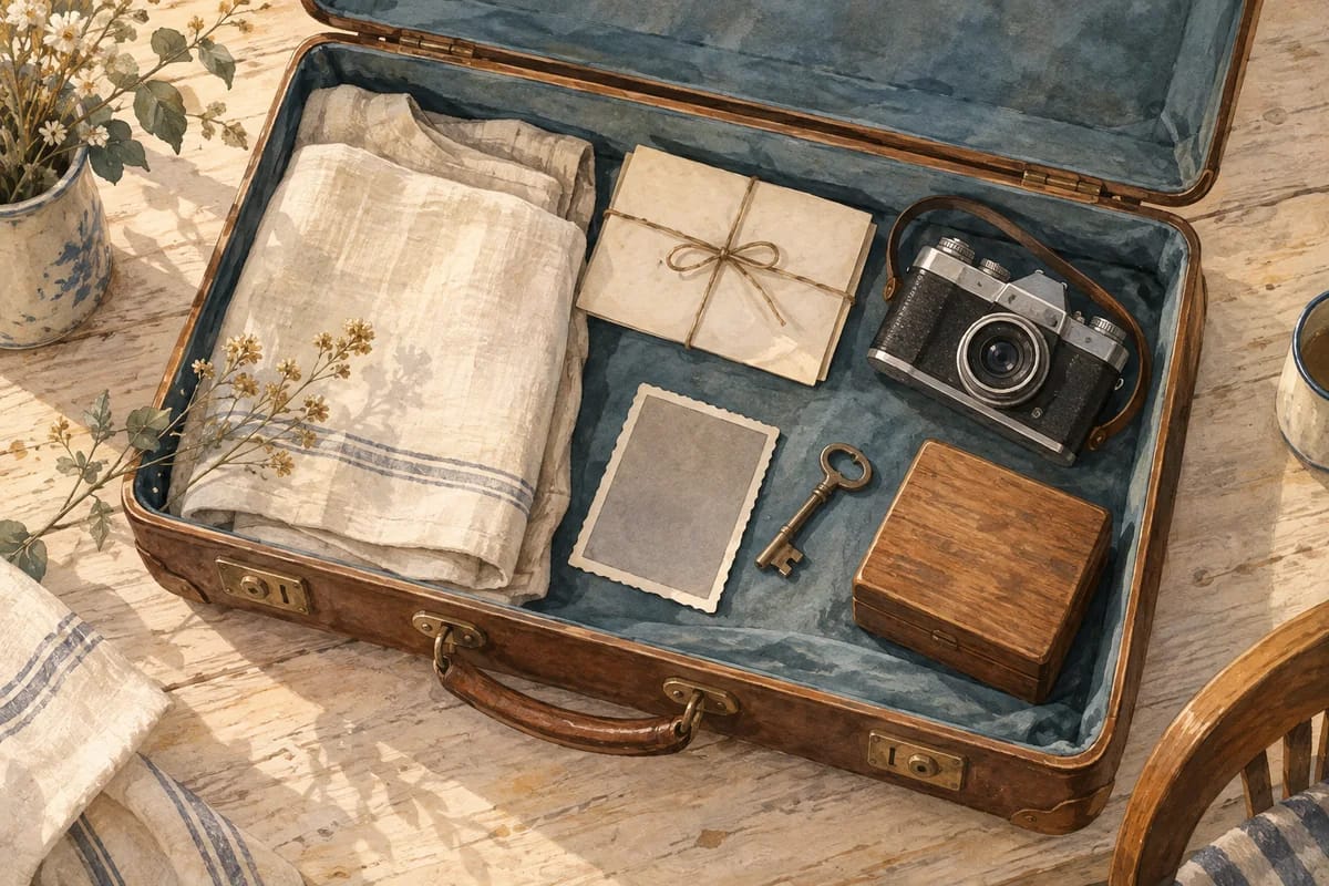 An imagined still life of family memories: a suitcase with linen, envelopes, a camera, a key and a small box.