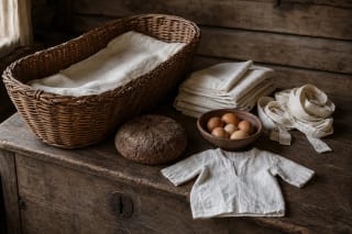 Objects associated with Lithuanian birth customs: a woven cradle, white linen, bread, eggs, and baby clothing