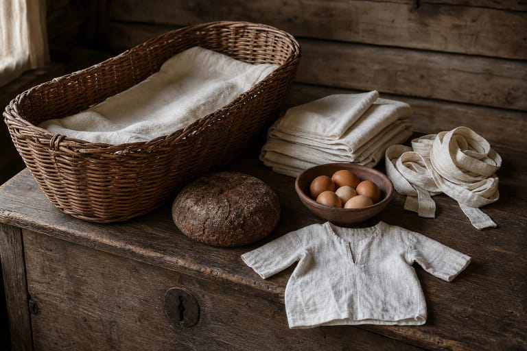 Objects associated with Lithuanian birth customs: a woven cradle, white linen, bread, eggs, and baby clothing