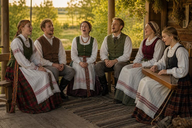 Lietuvių liaudies dainininkai tautiniais kostiumais