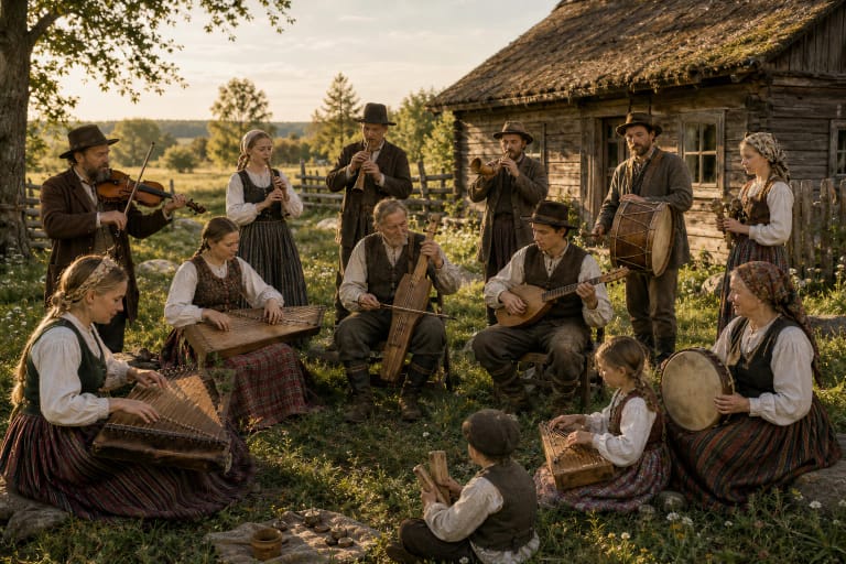 A Lithuanian folk ensemble with string, wind, percussion, and other traditional instruments