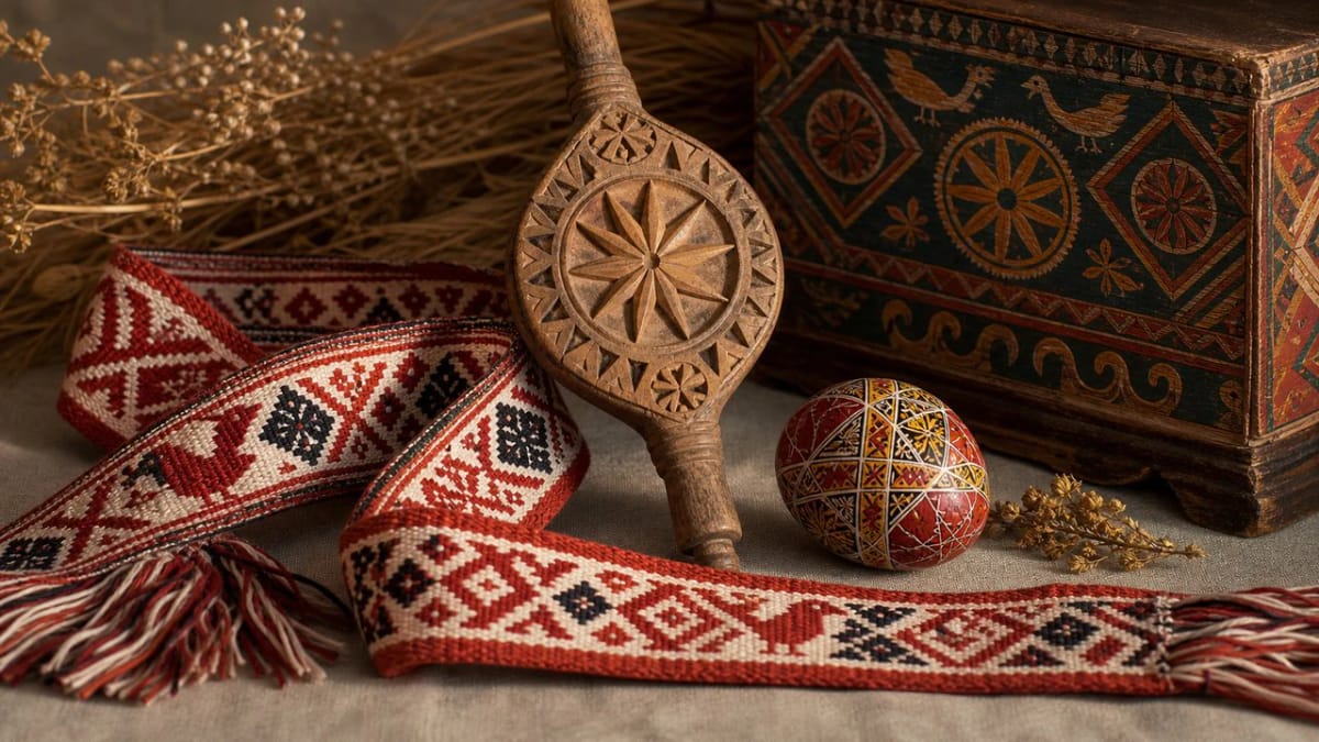 Lithuanian ornaments and patterns on a sash, distaff, and wooden object