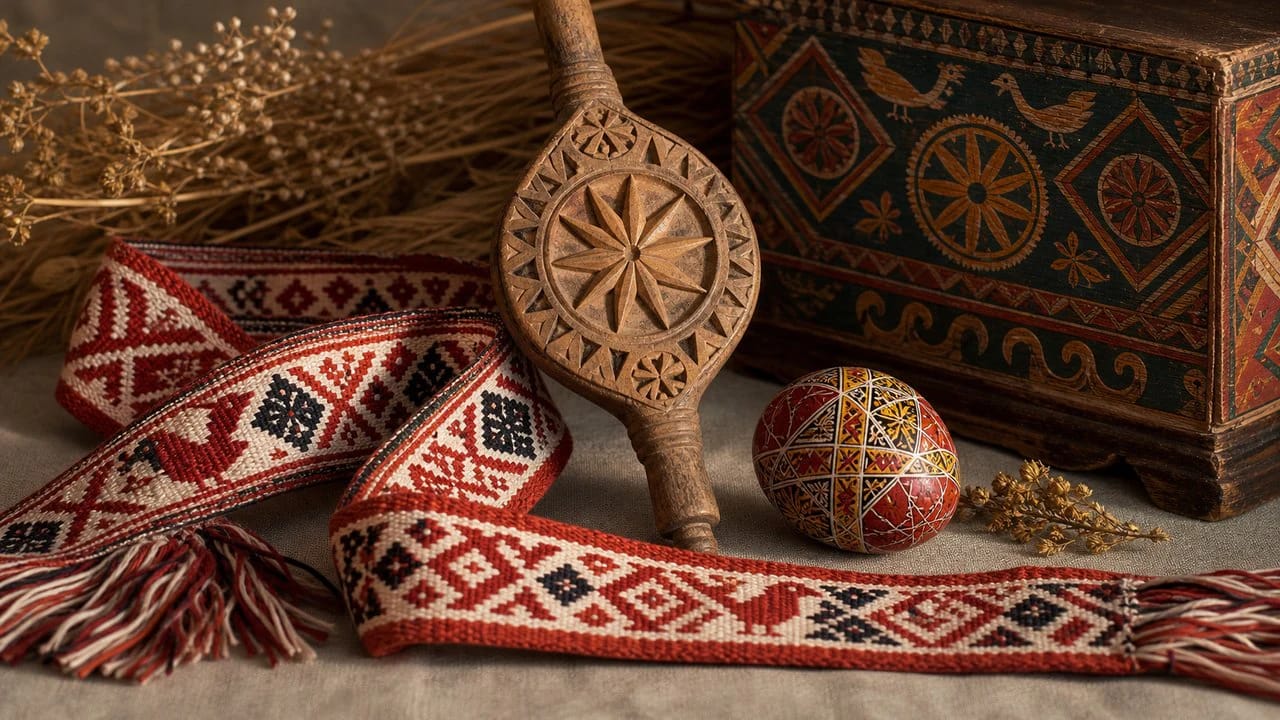 Lithuanian ornaments and patterns on a sash, distaff, and wooden object